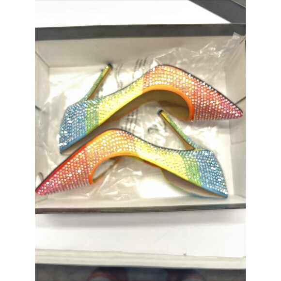 INC Heels 4" Kenja Rainbow Orange Blue Yellow Green with Sparkles Women SZ 5 New - Picture 7 of 8